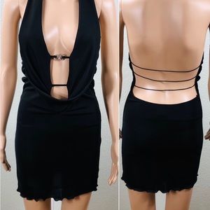 Black short dress with plunging neckline and crystal accent Sz S